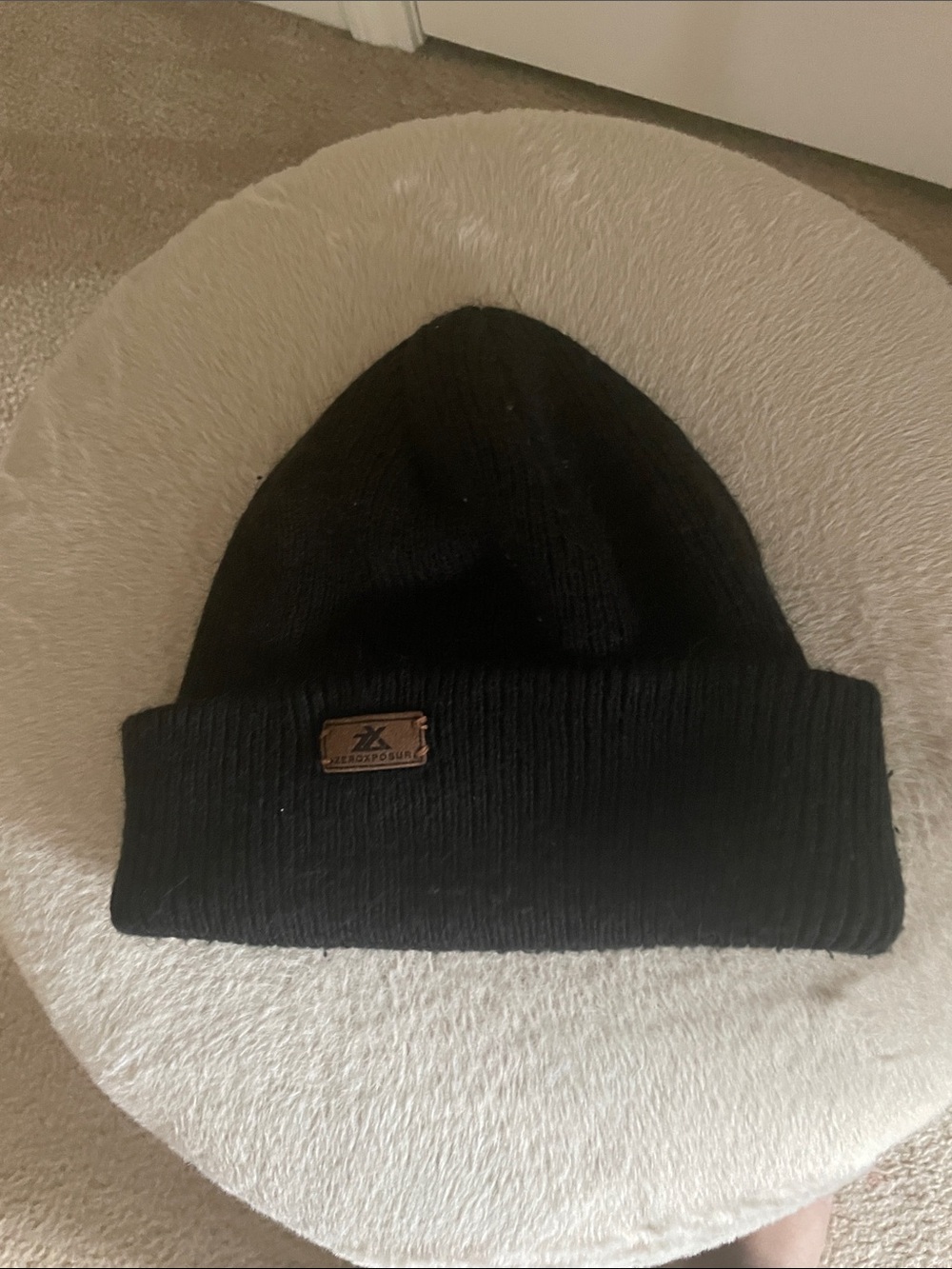 Black Ribbed Beanie with Leather Logo Patch